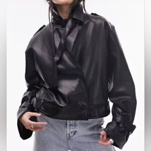 Topshop Women's Black Crop Trench Oversized Faux Leather Jacket